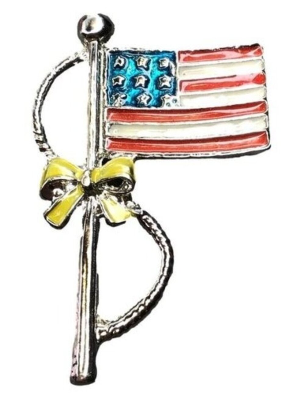American Flag Brooch Patriotic Pin Yellow Ribbon Enamel Silver Tone USA Jewelry - Picture 4 of 4